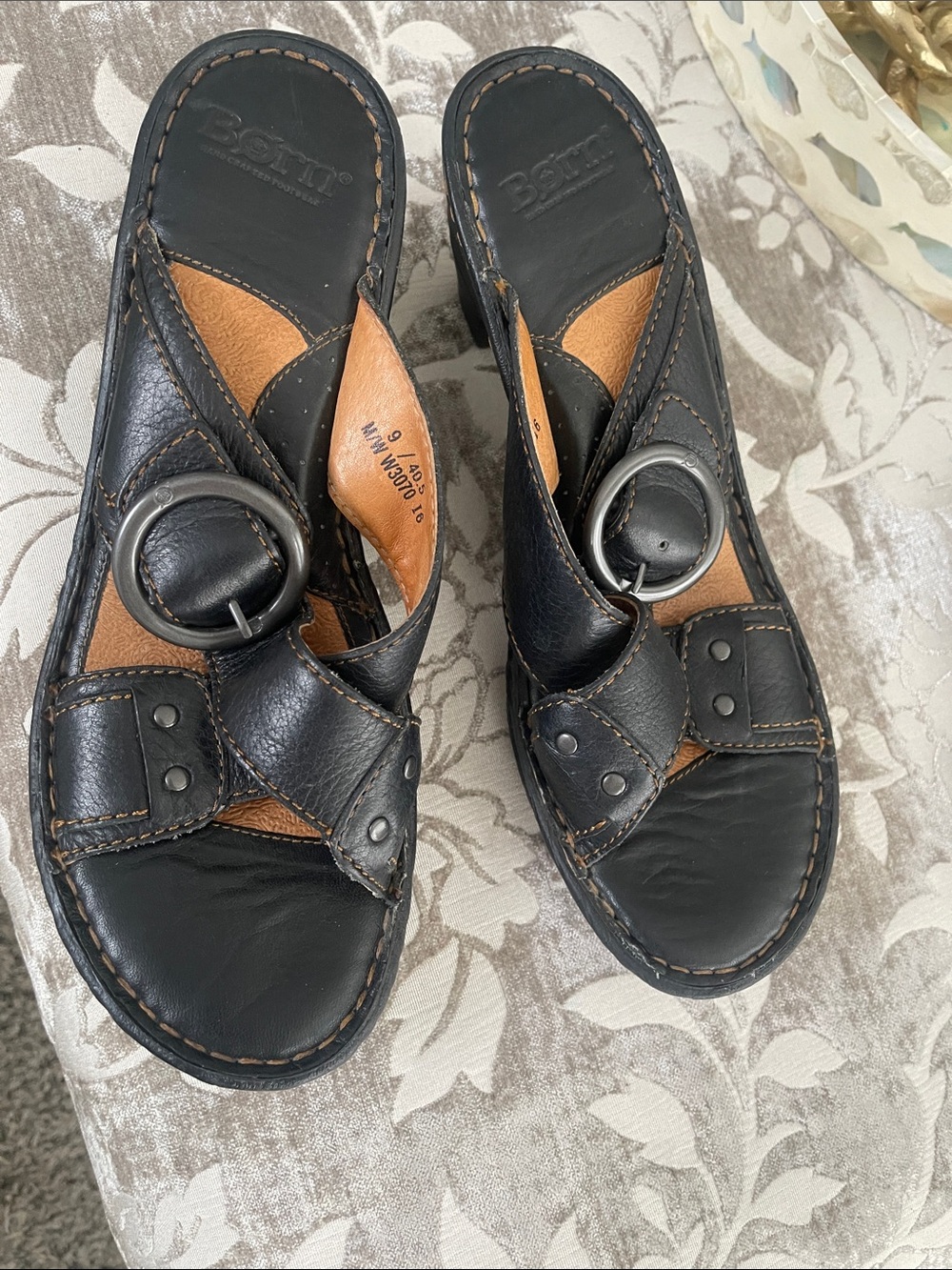 Born Black Leather Slide Sandals with Tan Insole and Silver Buckles